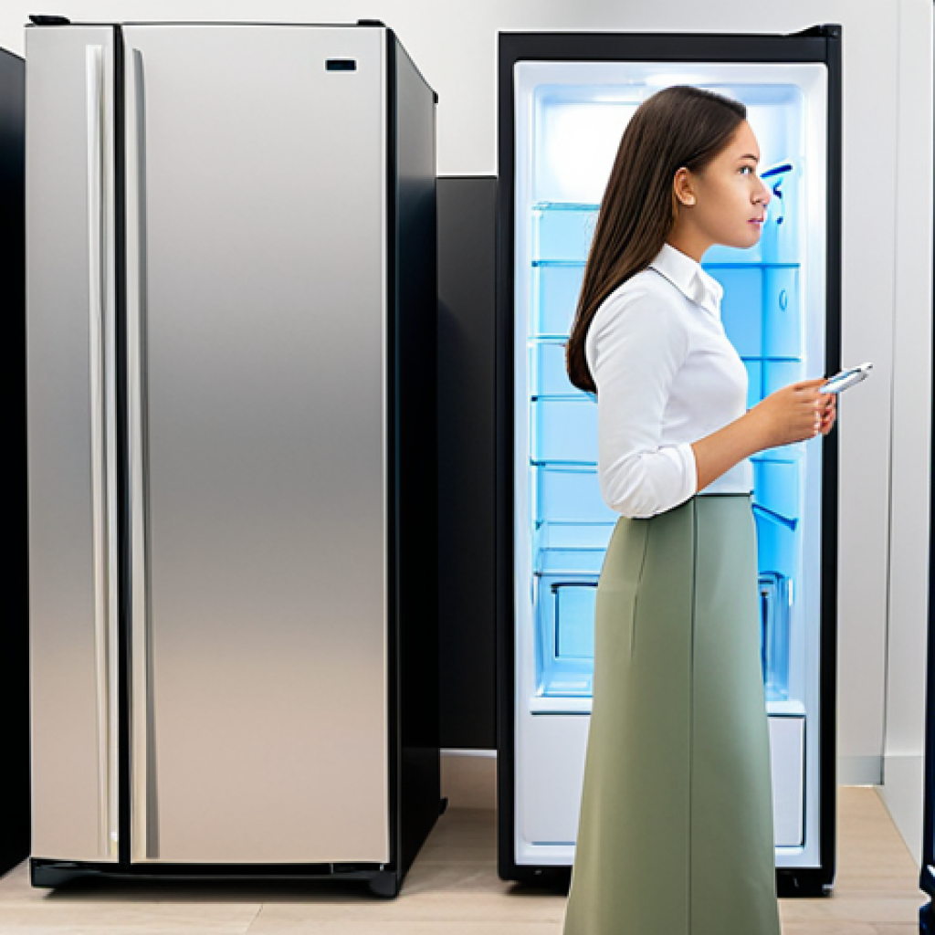 A professional young woman in a modest business casual outfit, fully clothed and appropriate attire, stands thoughtfully in a modern, brightly lit appliance showroom. She is gently contemplating a sleek, compact mini-refrigerator, with a natural pose, perfect anatomy, and correct proportions. The background features several clean, modern mini-refrigerators in various stylish designs, neatly displayed. The lighting is soft and professional, emphasizing a sense of careful consideration. High-resolution professional photography, well-formed hands, proper finger count. safe for work, appropriate content, fully clothed, professional.