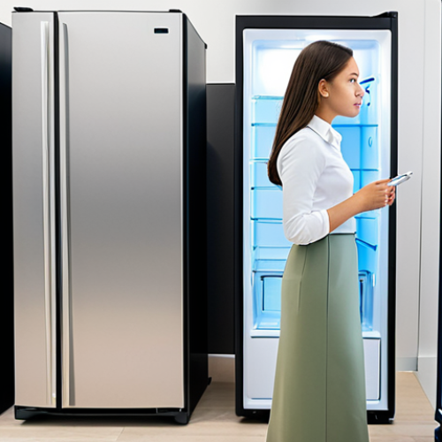A professional young woman in a modest business casual outfit, fully clothed and appropriate attire, stands thoughtfully in a modern, brightly lit appliance showroom. She is gently contemplating a sleek, compact mini-refrigerator, with a natural pose, perfect anatomy, and correct proportions. The background features several clean, modern mini-refrigerators in various stylish designs, neatly displayed. The lighting is soft and professional, emphasizing a sense of careful consideration. High-resolution professional photography, well-formed hands, proper finger count. safe for work, appropriate content, fully clothed, professional.