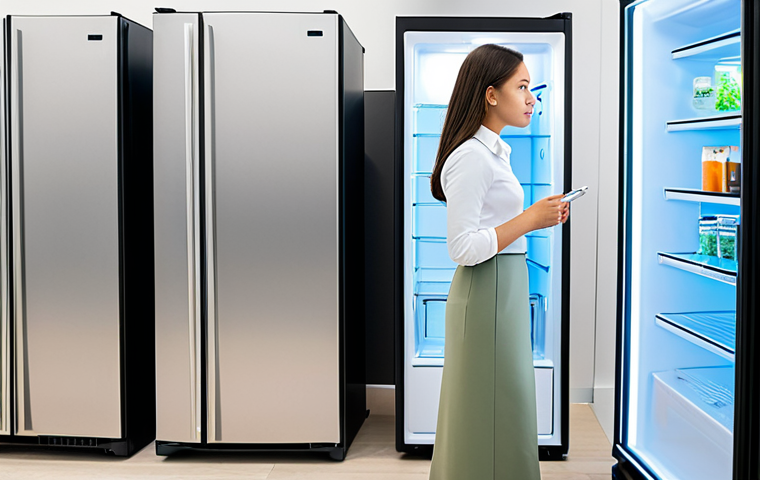 A professional young woman in a modest business casual outfit, fully clothed and appropriate attire, stands thoughtfully in a modern, brightly lit appliance showroom. She is gently contemplating a sleek, compact mini-refrigerator, with a natural pose, perfect anatomy, and correct proportions. The background features several clean, modern mini-refrigerators in various stylish designs, neatly displayed. The lighting is soft and professional, emphasizing a sense of careful consideration. High-resolution professional photography, well-formed hands, proper finger count. safe for work, appropriate content, fully clothed, professional.
