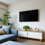Small Smart TV Setup**

"A compact, modern living room in a Japanese apartment. A small smart TV is mounted on the wall, displaying a calming nature scene. A neatly arranged low table with a cup of tea and a small plant sits in front. Soft, natural light fills the room. Fully clothed person relaxing on a comfortable sofa. Safe for work, appropriate content, fully clothed, professional, modest, family-friendly, perfect anatomy, natural proportions, high quality."

**