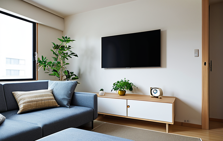 Small Smart TV Setup**

"A compact, modern living room in a Japanese apartment. A small smart TV is mounted on the wall, displaying a calming nature scene. A neatly arranged low table with a cup of tea and a small plant sits in front. Soft, natural light fills the room. Fully clothed person relaxing on a comfortable sofa. Safe for work, appropriate content, fully clothed, professional, modest, family-friendly, perfect anatomy, natural proportions, high quality."

**