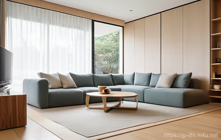대형 공간 가습기와 소형 가습기의 차이 - **Prompt:** A wide-angle shot of a spacious, modern Japanese living room, filled with soft, diffused...