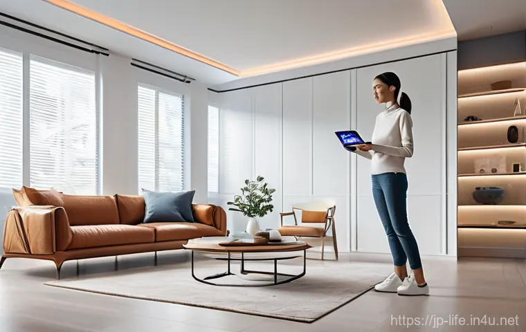 최신 스마트 홈 기기 추천 - **Prompt:** A bright, clean, and modern living room and kitchen area. A sleek robot vacuum cleaner i...
