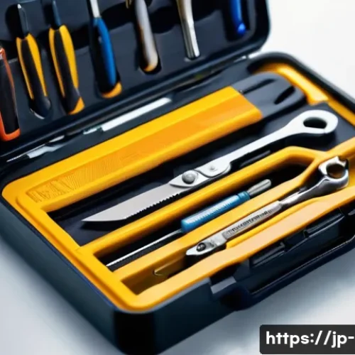 다용도 휴대용 공구세트 추천 - A compact multi-functional portable tool kit laid open on a wooden table, showcasing neatly organize...