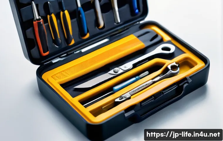 다용도 휴대용 공구세트 추천 - A compact multi-functional portable tool kit laid open on a wooden table, showcasing neatly organize...
