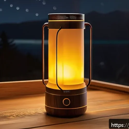 최고의 충전식 캠핑 랜턴 추천 - A modern rechargeable camping lantern with a sleek wood grain finish and matte texture, glowing warm...