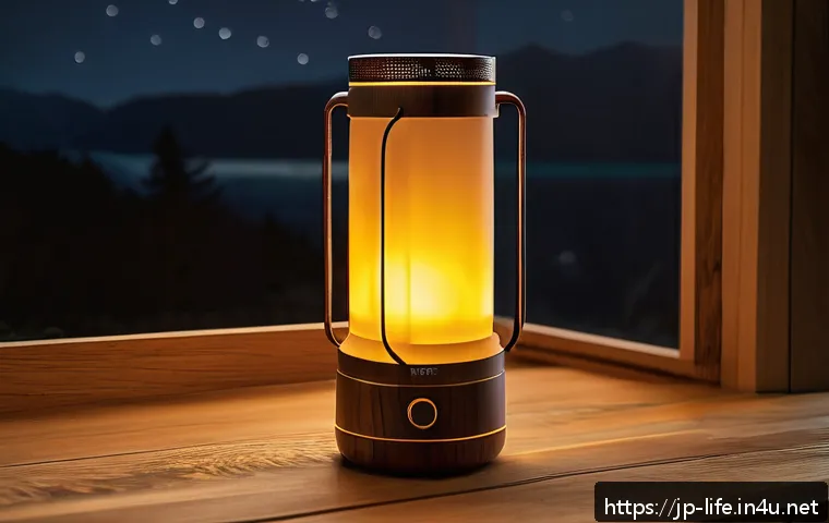 최고의 충전식 캠핑 랜턴 추천 - A modern rechargeable camping lantern with a sleek wood grain finish and matte texture, glowing warm...