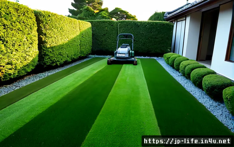 스마트 잔디 관리 장치 추천 - Photorealistic wide view of a neat Japanese suburban garden at sunrise, a compact autonomous smart l...